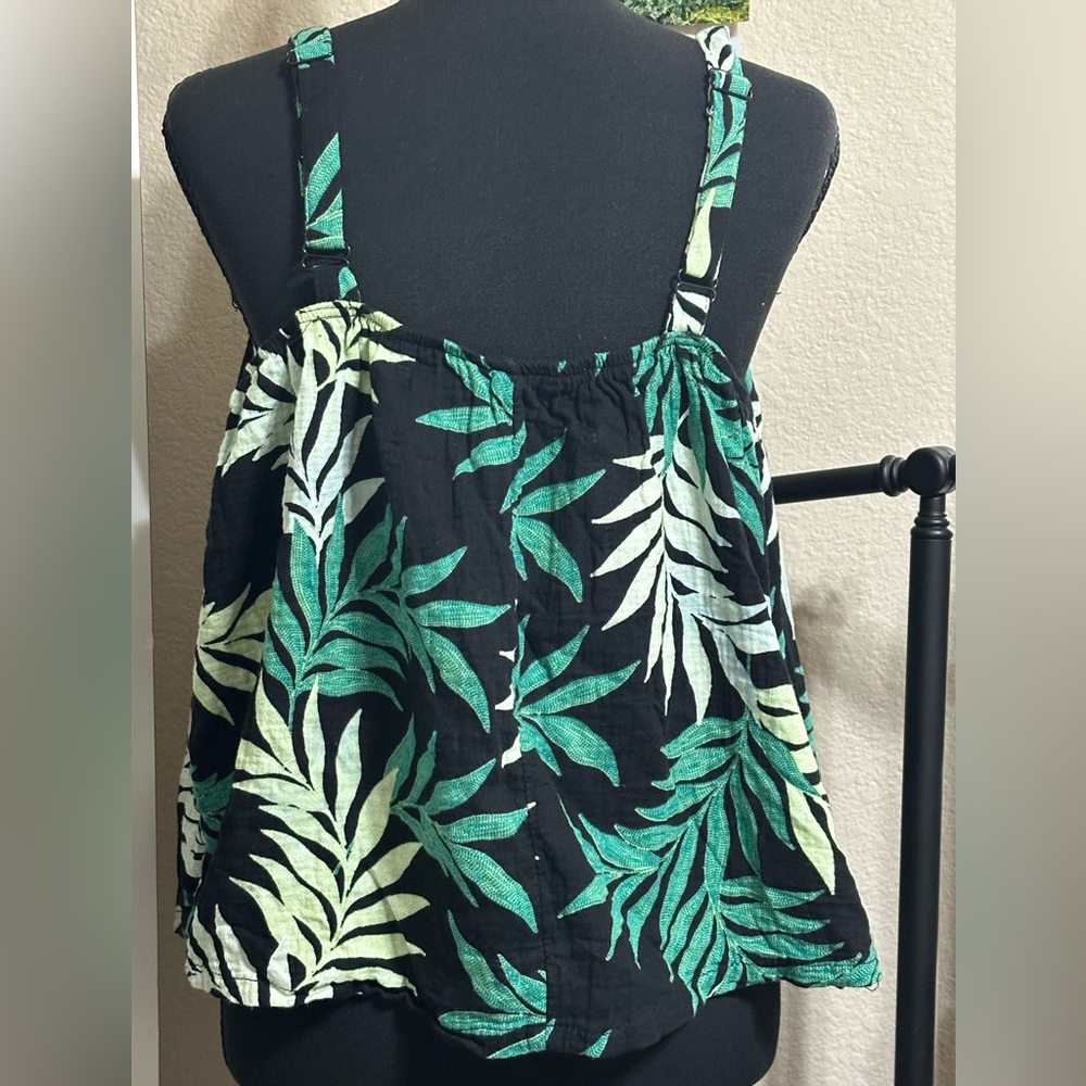 Black Tropical Leaf Smocked Camisole with Green Print - Picture 3 of 5